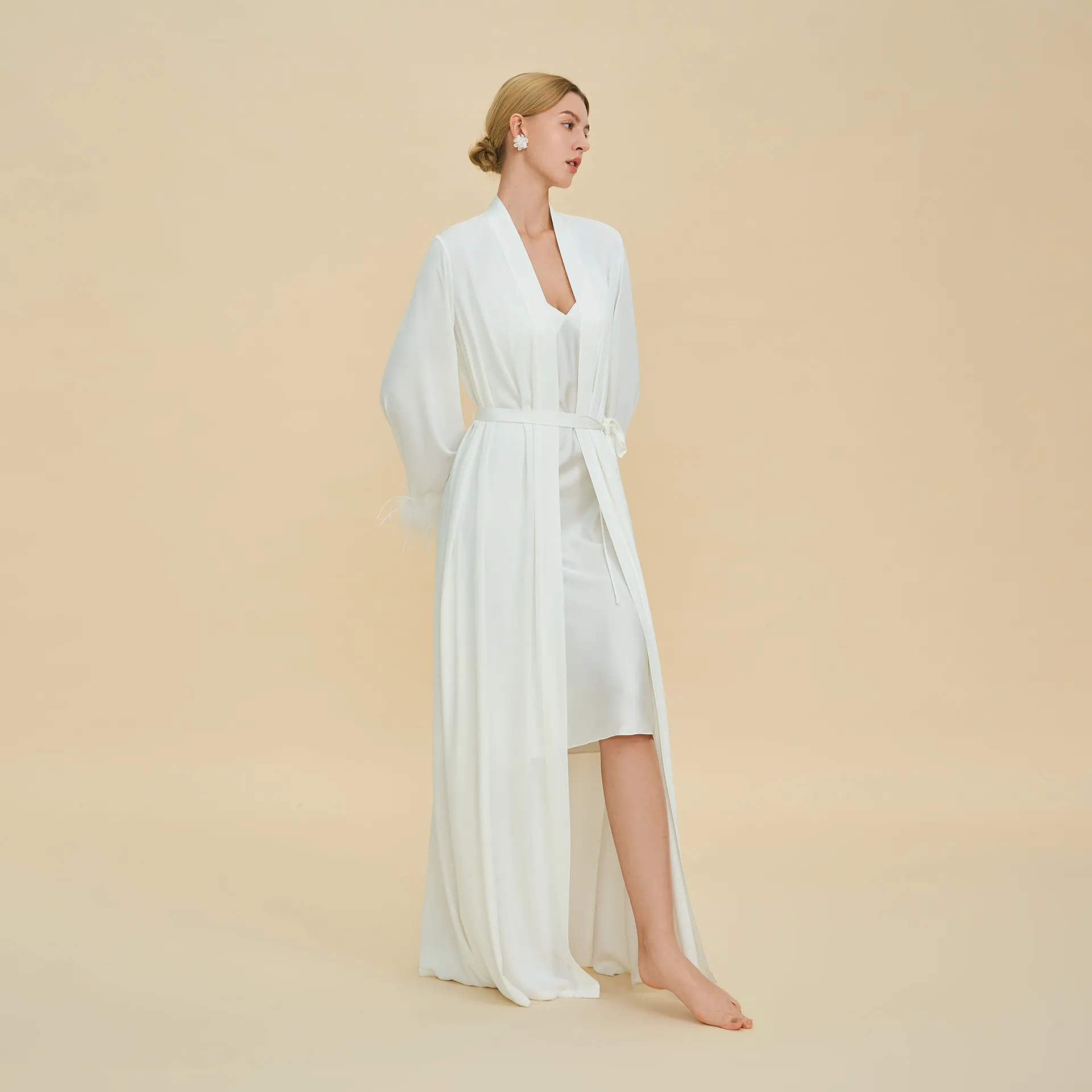 Women Luxury Long Satin Robe V Neck Detachable Feather Trim Sleeve Belted Sleepwear Pajamas Morning Gown Wedding Party