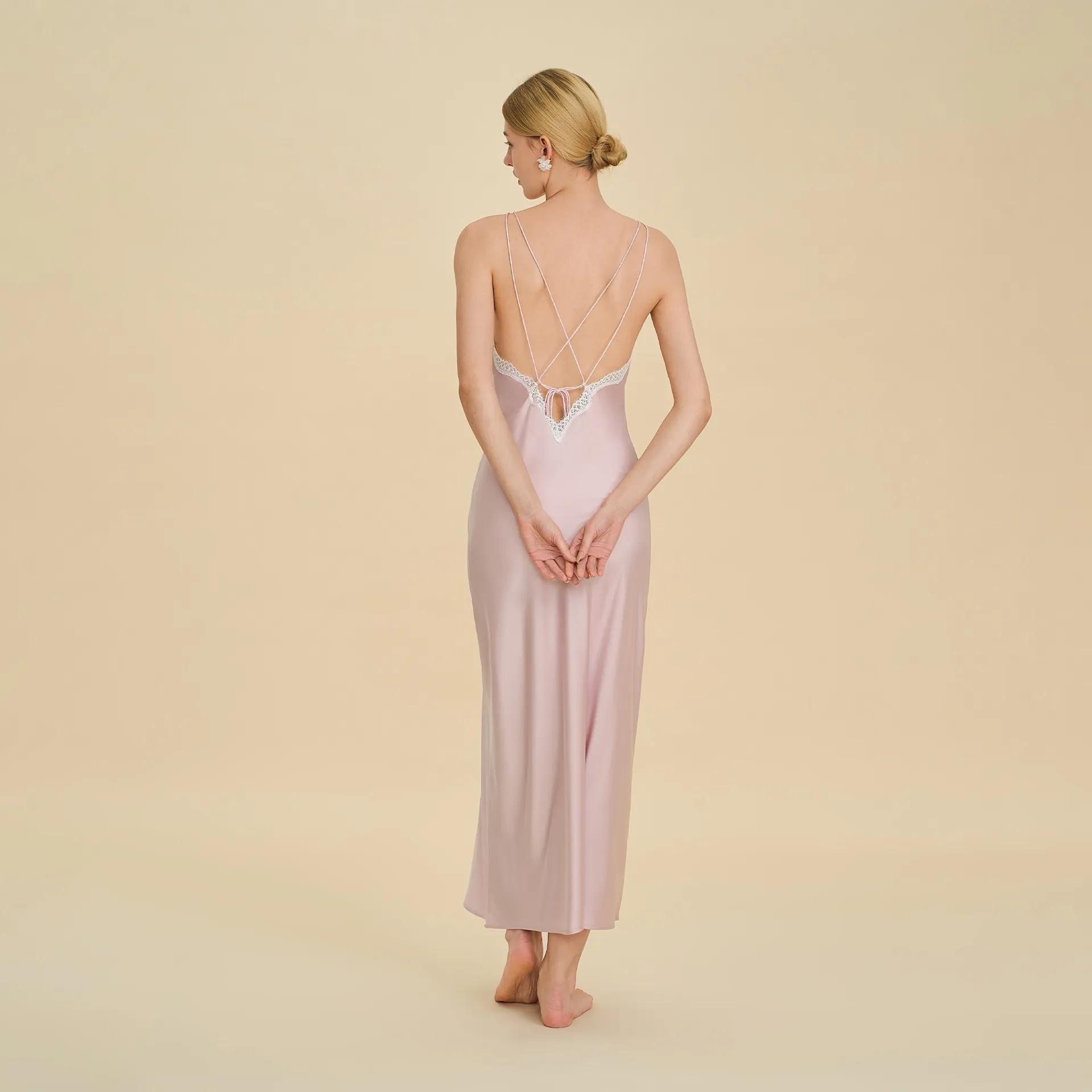 Sexy Lace Patchwork Deep V Neck Backless Satin Nightgown For Women Long Sling Sleepwear Cross Back Dress Elegant Home Wear