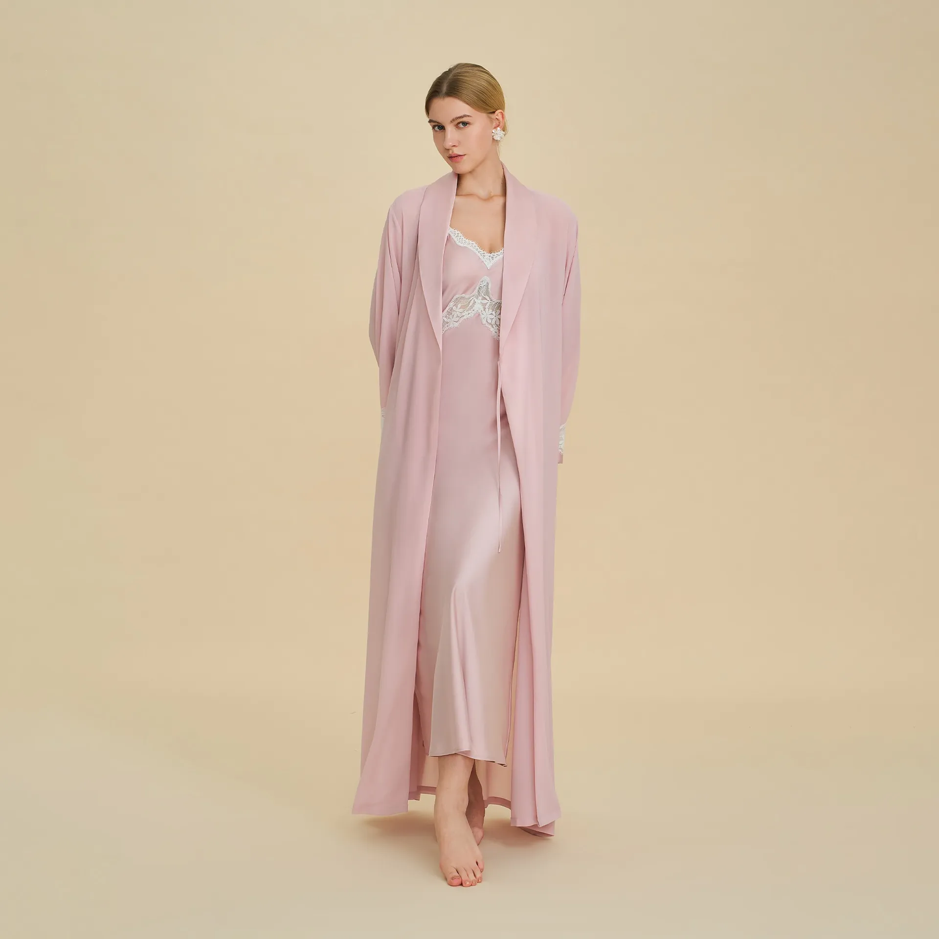 Luxurious Acetate Satin Robe Set For Women Elegant Lace Trim V-Neck Nightgown Sleepwear Loungewear Peach Pink Nightwear