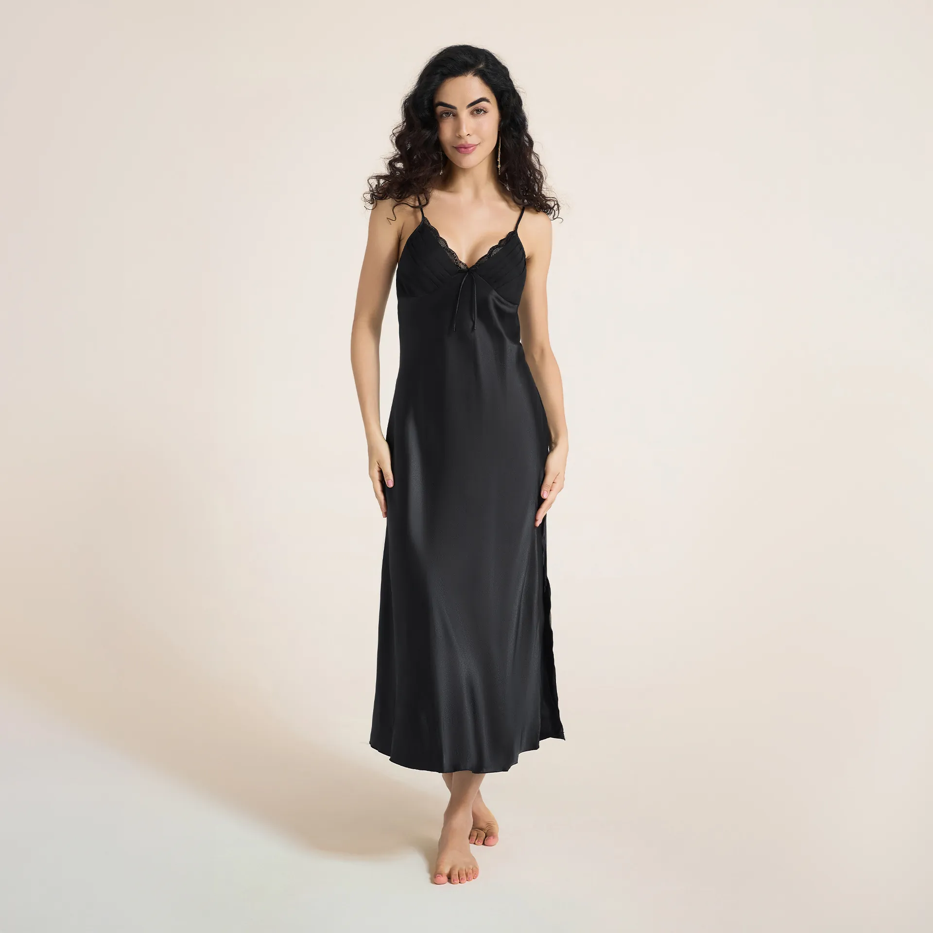 Women Sexy Satin Nightgown Lace V Neck Side Split Slip Dress Solid Color Sleepwear Long Nightie For Ladies Home Wear