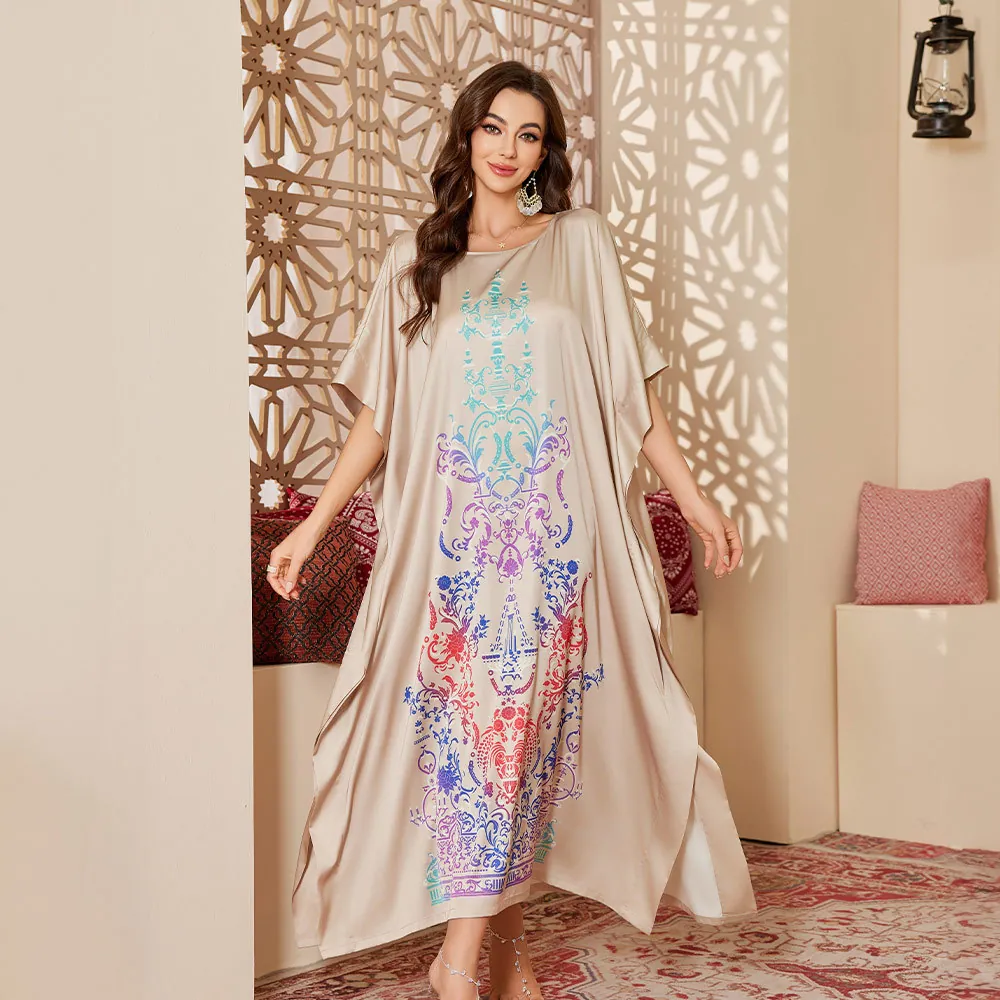Women Bohemian Satin Kaftan Loose Ethnic Print Nightgown Long Robe Round Neck Batwing Sleeve Luxurious Lounge Dress