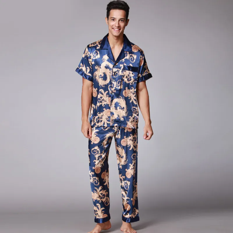 Men Satin Pajamas Short Sleeve Top And Long Pants Dragon Baroque Print Loungewear Nightwear Button Down Sleepwear