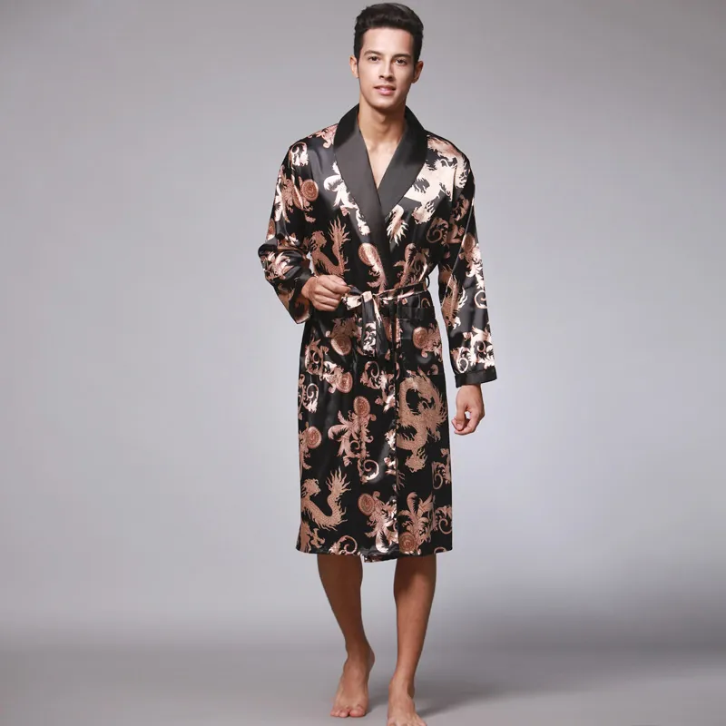 Men Luxurious Satin Robe Long Sleeve Silk-Like Pajamas Chinese Dragon Pattern Shawl Collar Loungewear Bathrobe With Belt