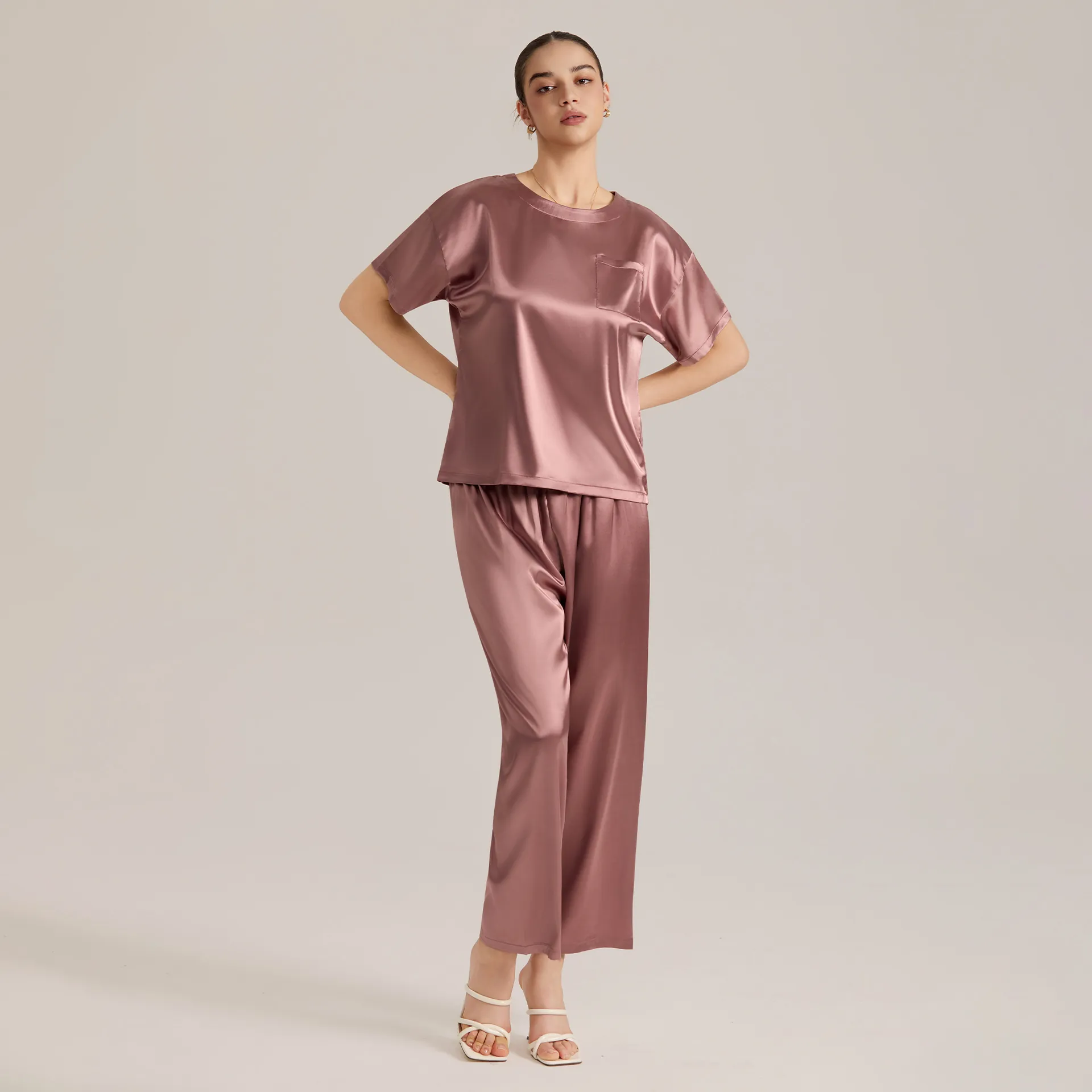 Women Satin Pajama Set Summer Short Sleeve Top And Long Pants Loose Casual Silk-Like Solid Color Nightwear Sleepwear