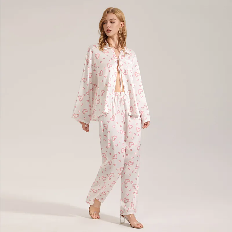 Women Satin Pajama Set Heart Print Long Sleeve Top And Bottom Sweet Loungewear Sleepwear For Spring Summer Casual Home Suit