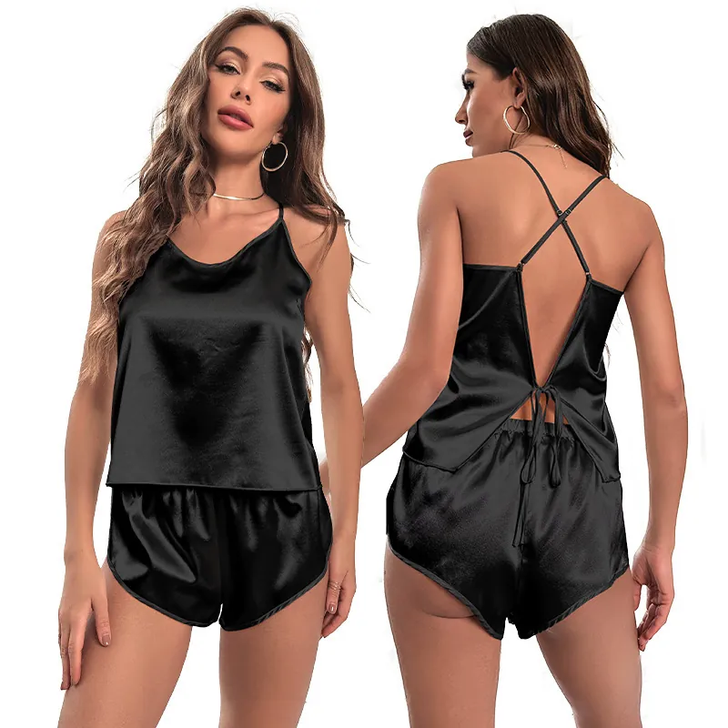 Ensemble Pyjama Sexy en Satin pour Femmes Top And Bottom Dos Nu Croisé Camisole Et Short Vêtements de Nuit Été