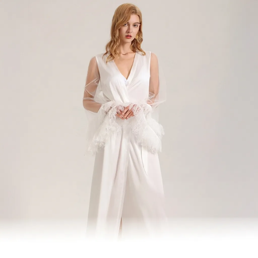Women Long Satin Robe Sexy White Mesh Nightgown With Feather Cuffs Bridal Morning Gown Luxurious Loungewear Bathrobe