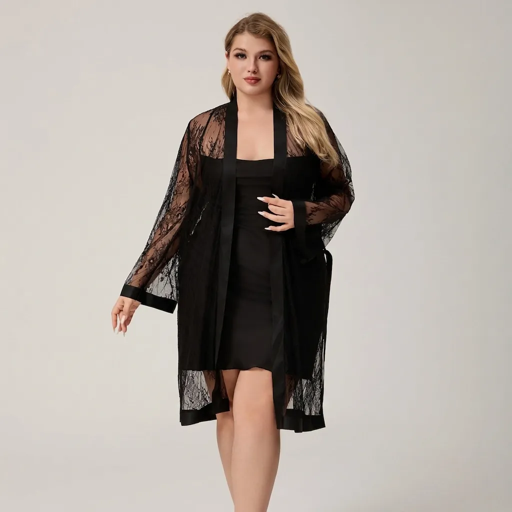 Camicia da Notte Sexy in Pizzo Nero Taglie Forti per Donna Accappatoio Floreale Trasparente Con Bordino in Raso Scollo a V Manica Lunga