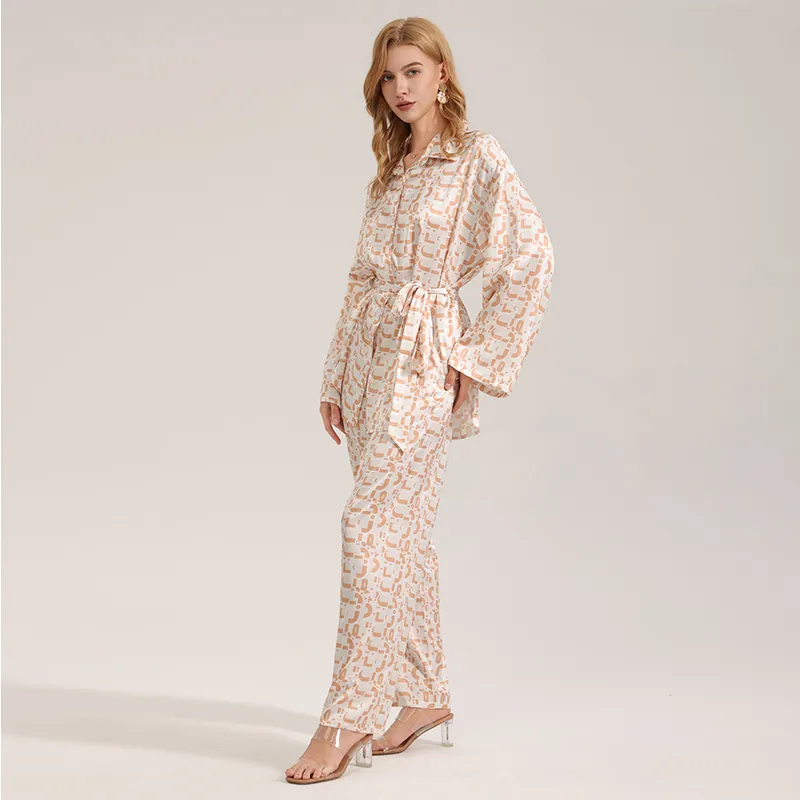 Women's Satin Geometric Printed Long Sleeve Belted Top And Pants Loungewear Casual Comfortable Sleepwear Loungewear Home Clothes