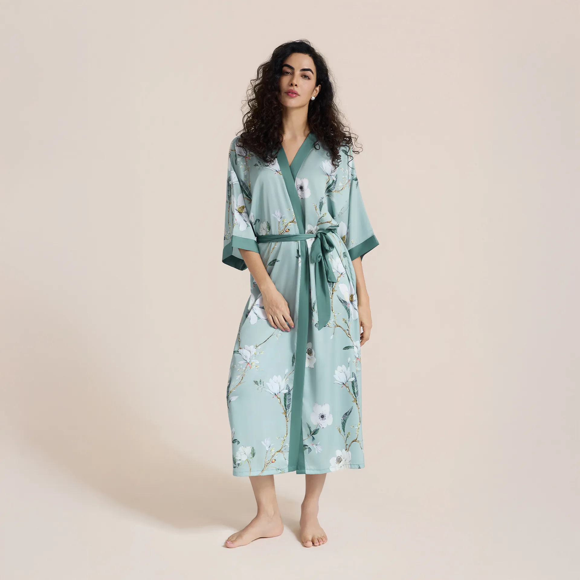 Luxurious Satin Floral Print Long Robe For Women Lightweight V-Neck Belted Kimono Nightgown Comfortable Sleepwear Lounge Wear