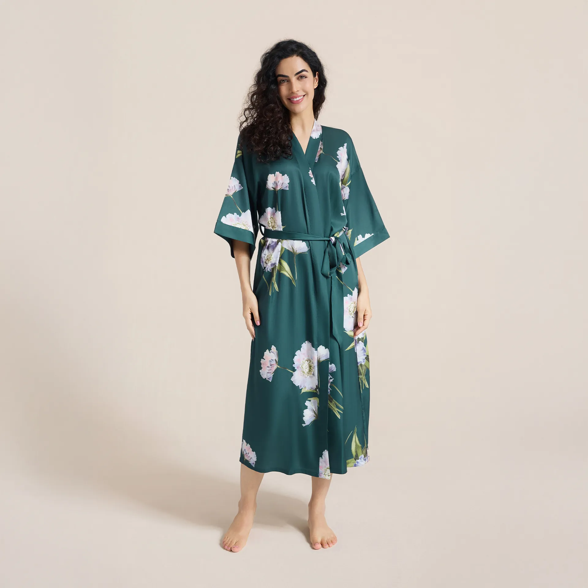 Women Elegant Satin Kimono Robe Long Floral Print Nightgown For Sleepwear Home Luxurious Bathrobe With Belt For Ladies 2669