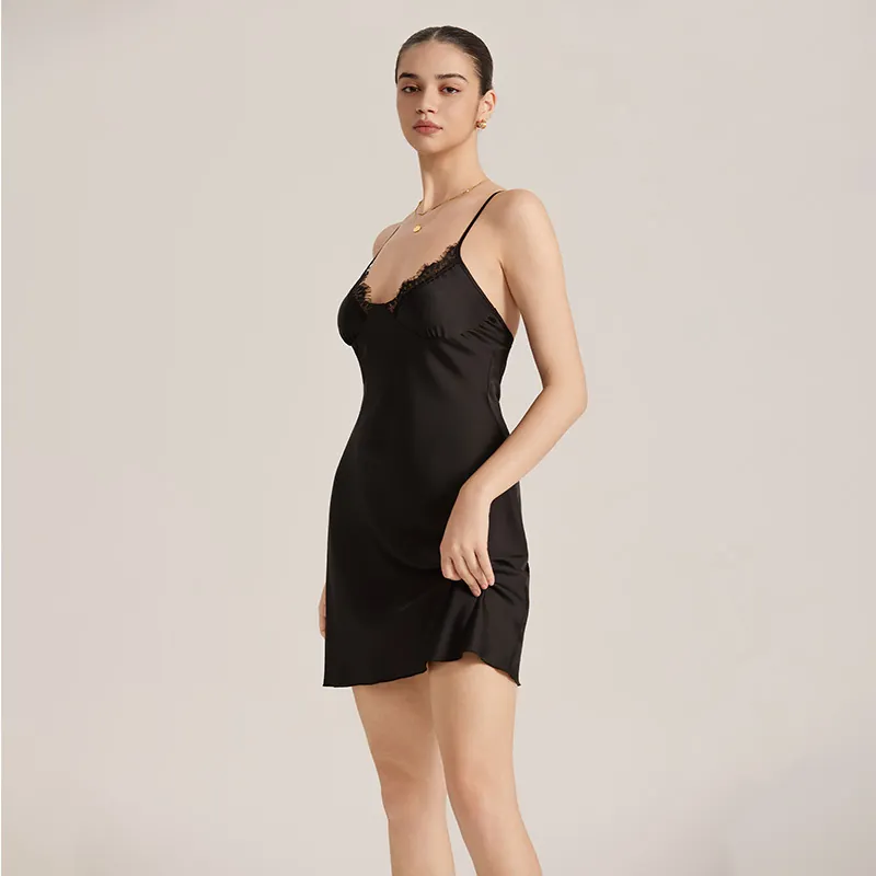 Nuisette Sexy en Satin avec Dentelle pour Femme Col en V Bretelles Spaghetti Dos Nu Lingerie Effet Soie pour la Maison