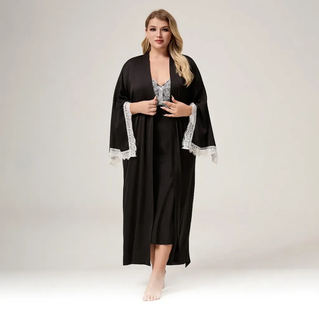 Women Plus Size Satin Nightgown Robe Set With White Lace Trim V-Neck Long Sleeve Silk-Like Sleepwear Top And Bottom Home Wear