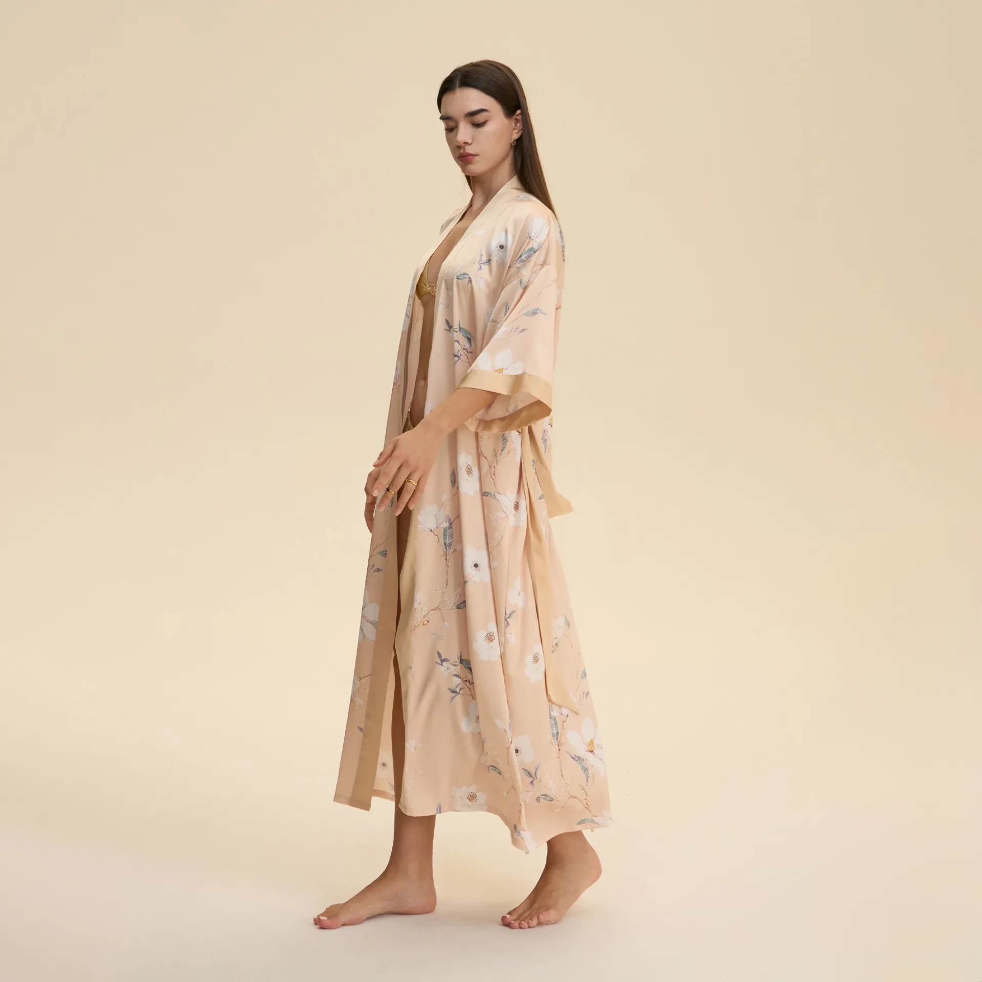 Vestaglia Lunga in Raso da Donna Stampa Floreale Kimono Scollo a V Abbigliamento da Casa Accappatoio Con Cintura Elegante Camicia da Notte