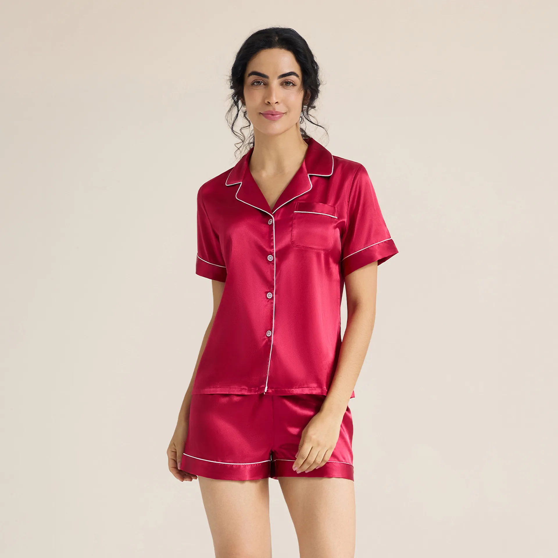 Women's Satin Pajama Set Short Sleeve Top And Bottom Contrast Piped V Neck Button Down Sleepwear Loungewear Elegant Pjs