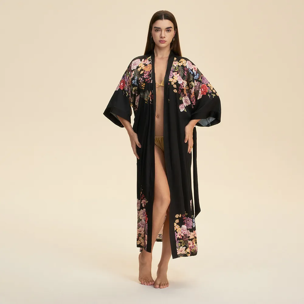 Peignoir Kimono en Satin à Imprimé Floral pour Femme Manches Longues Col en V Vêtements de Nuit avec Ceinture
