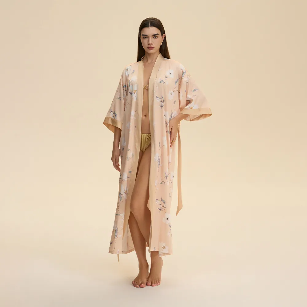 Damen Elegant Satin Blumenmuster Langer Bademantel V-Ausschnitt Kimono Nachtwäsche Mit Gürtel Luxuriöses Nachthemd Für Zuhause