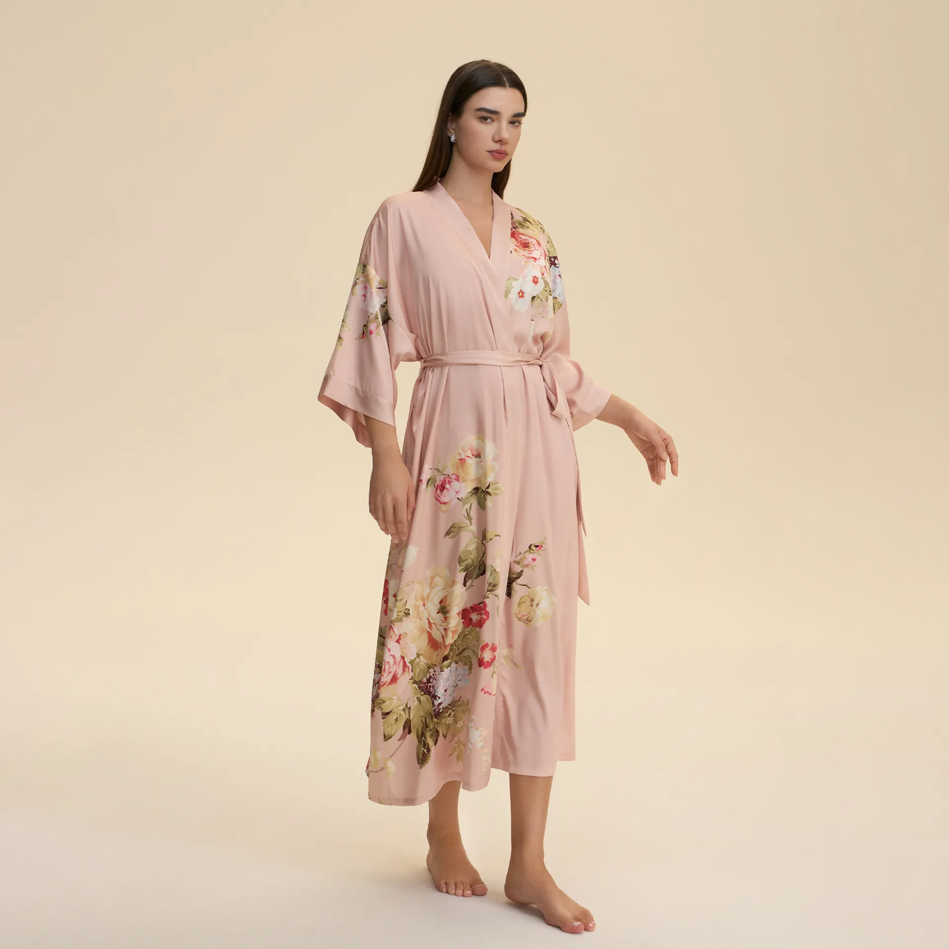 Women Satin Long Robe Floral Print Kimono Nightgown Luxurious V Neck Sleepwear With Belt Elegant Soft Loungewear Bathrobe