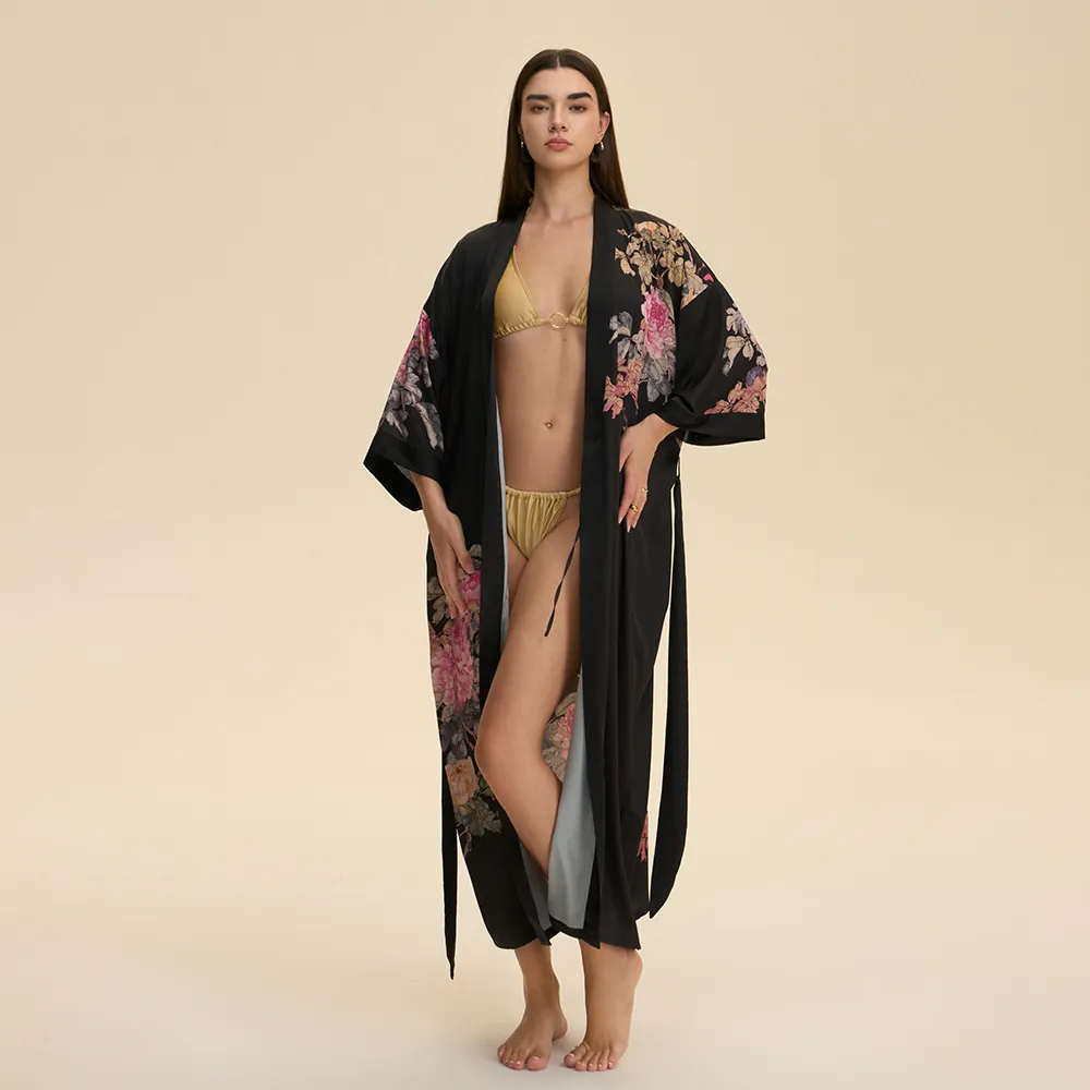 Luxueuse Robe de Chambre Kimono en Satin pour Femmes Longue Nuisette Imprimé Floral Avec Ceinture Col en V Vêtements de Nuit Maison