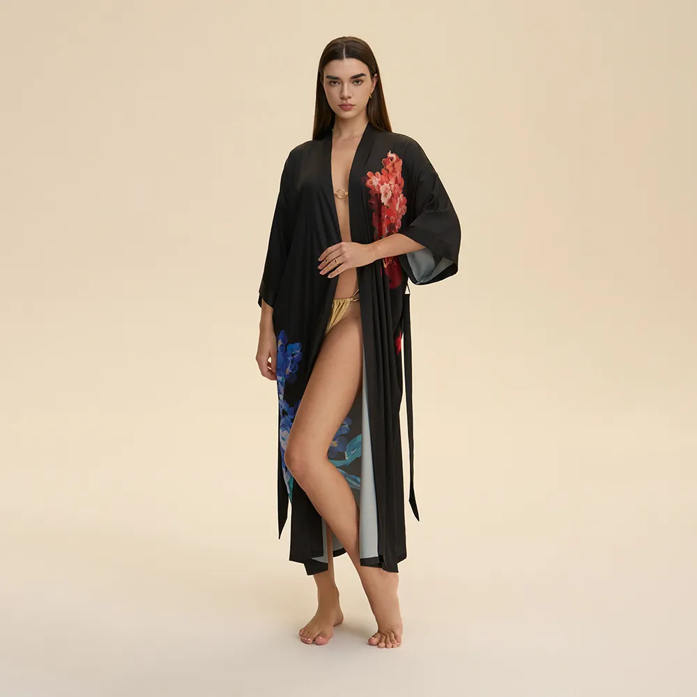Women Luxurious Satin Kimono Robe Long Floral Print Nightgown Bathrobe With Sash V-Neck Loungewear Sleepwear Bridal Morning Robe