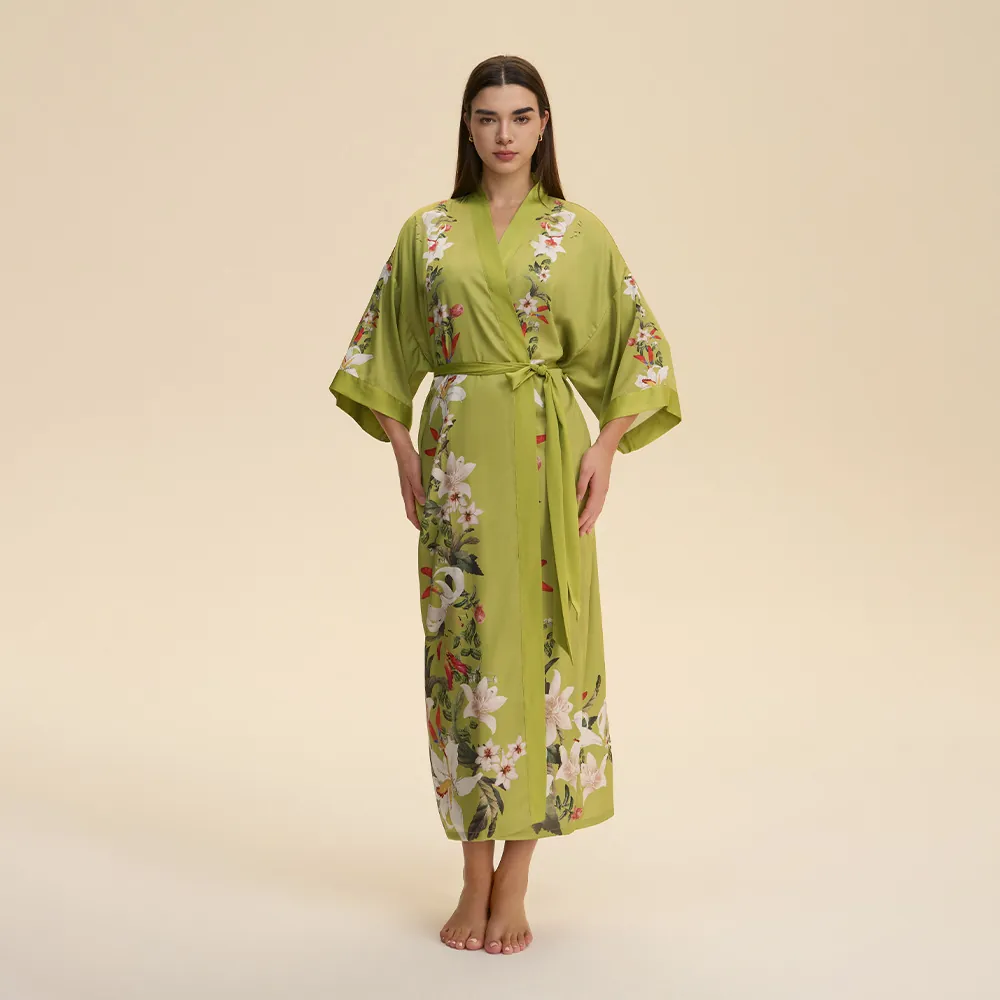 Women's Satin Floral Robe Kimono Long Sleeve Sleepwear V-Neck Bathrobe With Belt For Wedding Party Home Loungewear