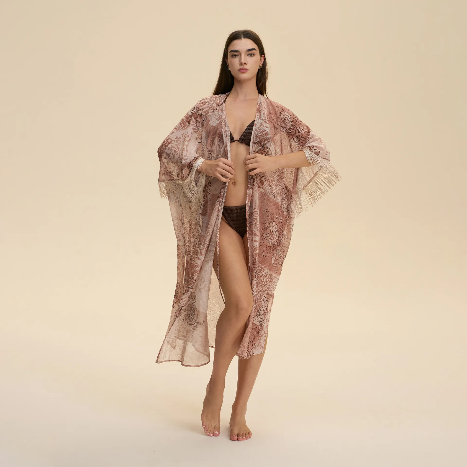 Women Bohemian Chiffon Beach Cover Up Tassel Cuff Semi Transparent Kimono Cardigan Long Floral Printed Coverup