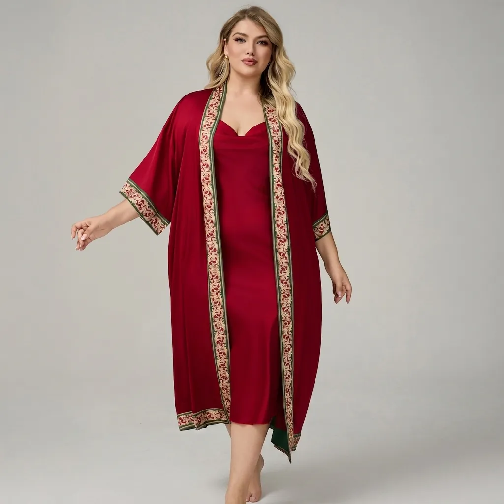 Women Plus Size Satin Robe Set Luxurious Baroque Printed Sleepwear Kimono Bathrobe With Camisole Dress Home Wear
