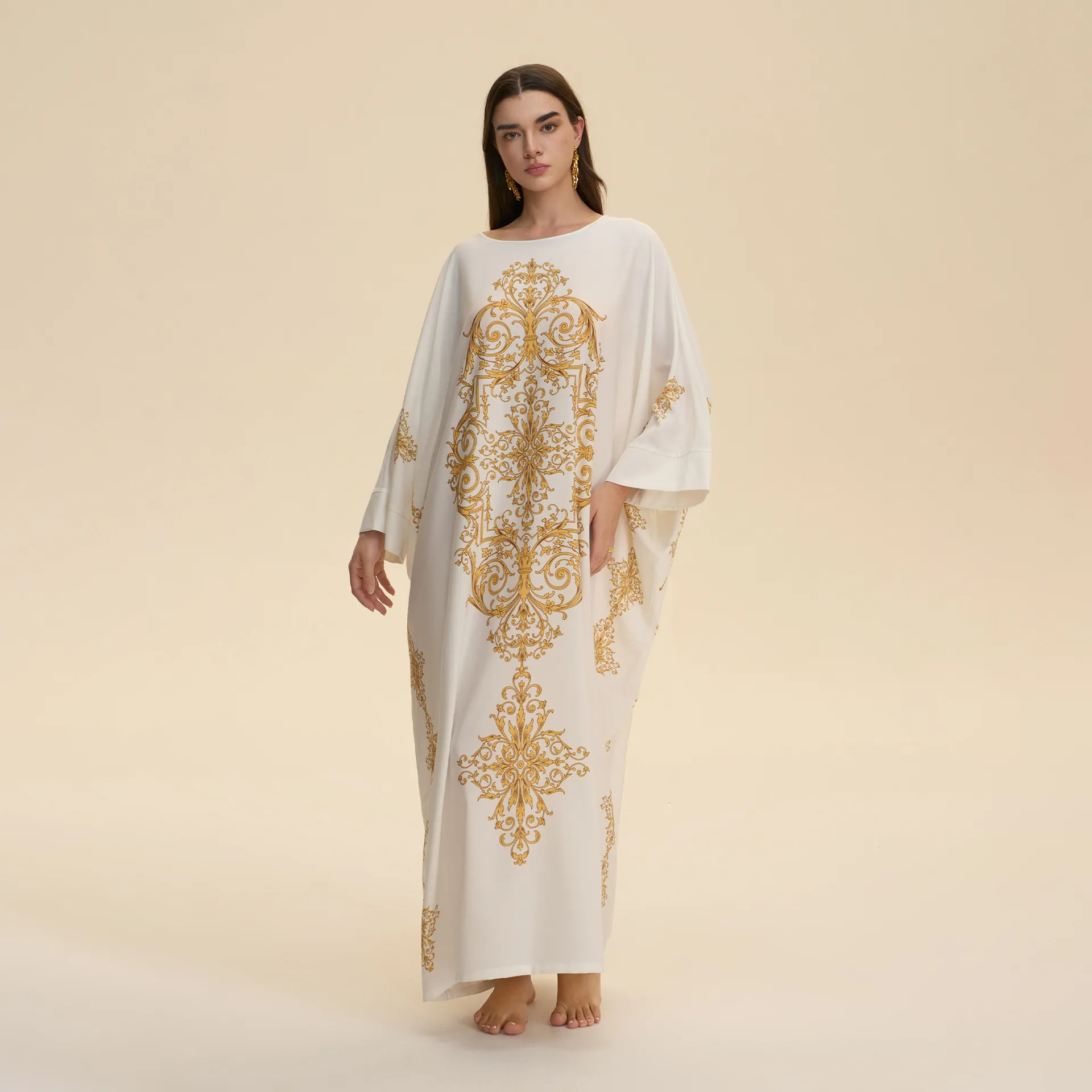 Women Luxury Baroque Print Kaftan Maxi Dress Long Sleeve Loose Ethnic Abaya Robe Party Vacation Polyester Spandex Kaftan Dress