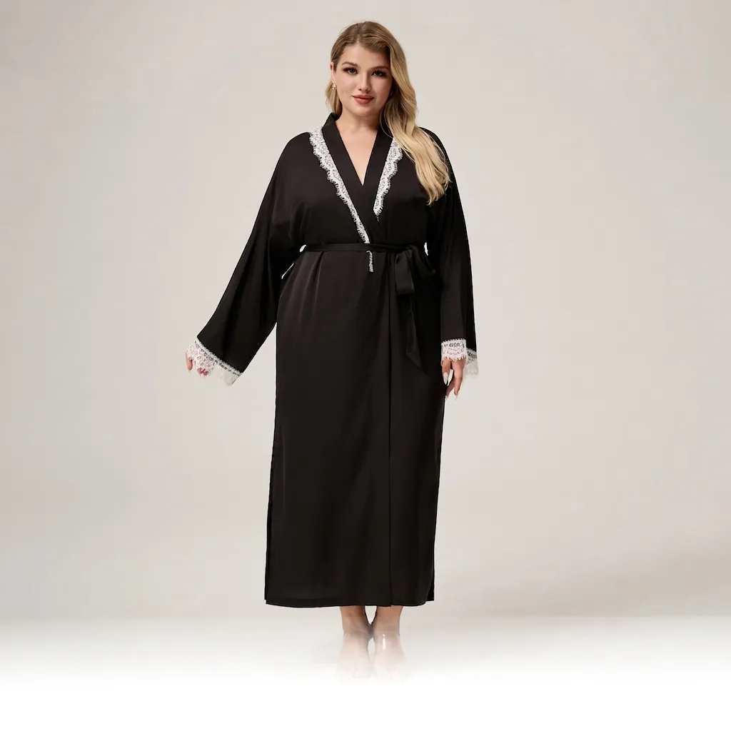 Women Plus Size Satin Robe Lace Trim Long Sleeve V Neck Nightgown With Belt Solid Color Sleepwear Lounge Bathrobe