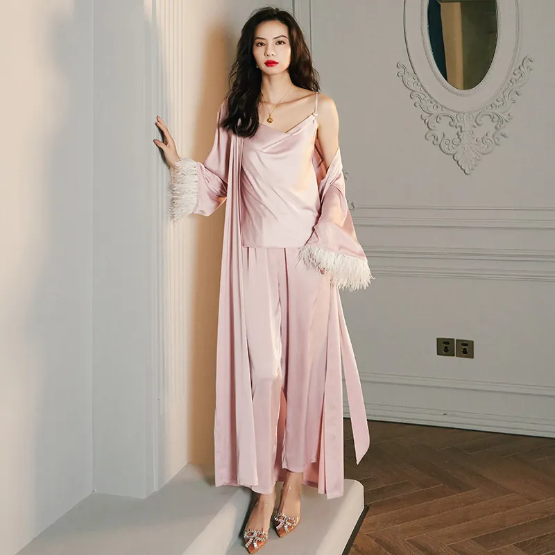 Luxurious Satin Robe With Feather Cuffs V-Neck Loungewear Camisole And Pants Sleepwear Nightgown For Women Night Dress