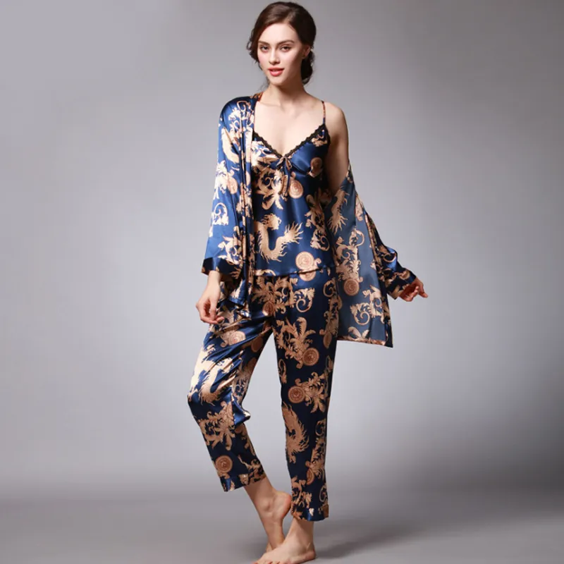 Ensemble de Pyjama en Satin de Luxe pour Femmes Imprimé Dragon Vêtements de Détente Trois Pièces Avec Camisole Peignoir Et Pantalon