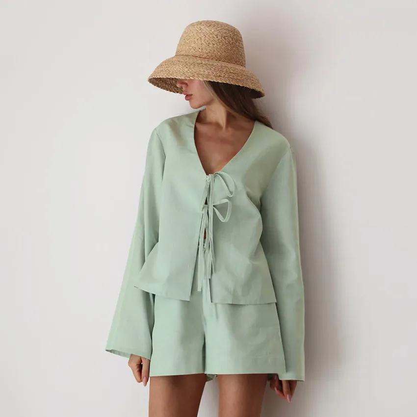 Women 100% Cotton Pajama Set Long Sleeve Tie Front V Neck Top And Shorts Casual Minimalist Soft Breathable Home Wear