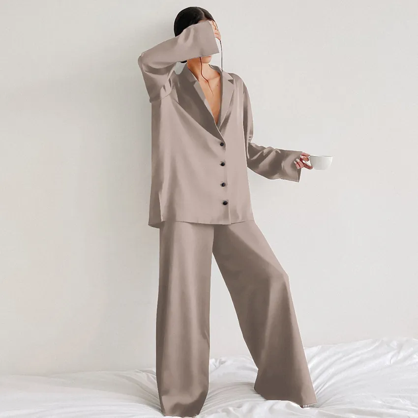 Pyjama en Satin de Fausse Soie pour Femmes Haut Et Bas à Manches Longues Vêtements de Détente Pyjama en Soie de Glace Ample pour Printemps Été Automne Hiver
