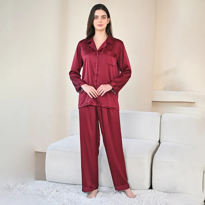 Women Luxurious Satin Pajama Set Long Sleeve Top And Bottom Button Down Sleepwear Striped Wine Red Loungewear