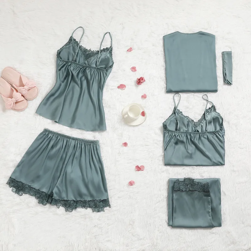 Pyjama en Satin pour Femmes Avec Peignoir Camisole Haut Pantalon Long Short Chemise de Nuit Élégante Bordure en Dentelle Vêtements de Nuit