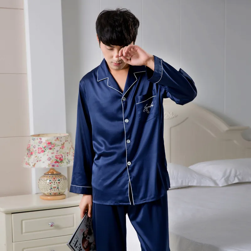 Men's Satin Cotton Pajama Top And Bottom Comfortable Embroidered Long Sleeve Sleepwear Solid Color Home Service Wear Set
