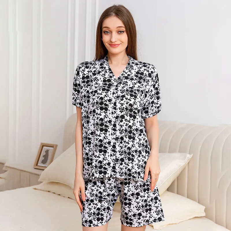 Women Casual Rayon Pajamas Floral Print Short Sleeve Button Down Shirt And Shorts Loose Breathable Summer Home Wear PJ