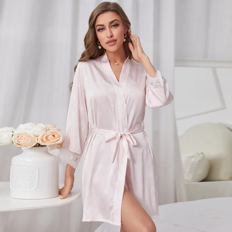 Peignoir en Satin pour Femme Bordure en Dentelle Manches Longues Imprimé Fleuri Cœur Col en V Robe de Chambre d'Été Élégante