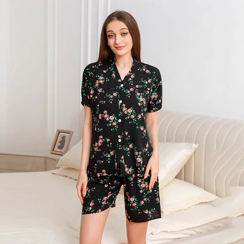 Women's Rayon Pajamas V Neck Button Down Short Sleeve Top And Shorts Black Rose Floral Print Summer Loungewear Sleepwear