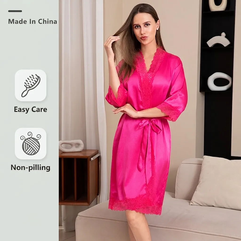Elegante Vestaglia in Raso da Donna Con Bordo in Pizzo Scollo a V Manica Lunga Accappatoio Seta Con Cintura Abbigliamento da Casa Donna