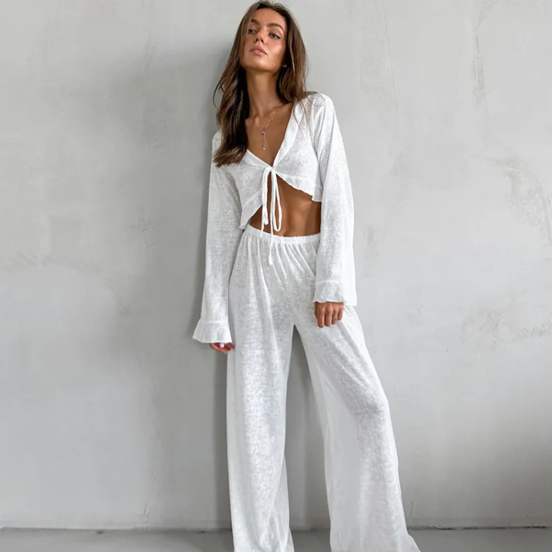 Women Sexy Knitted Lounge Set Tie Up V Neck Long Sleeve Crop Top And High Waist Wide Leg Pants Pajama Set Outfits