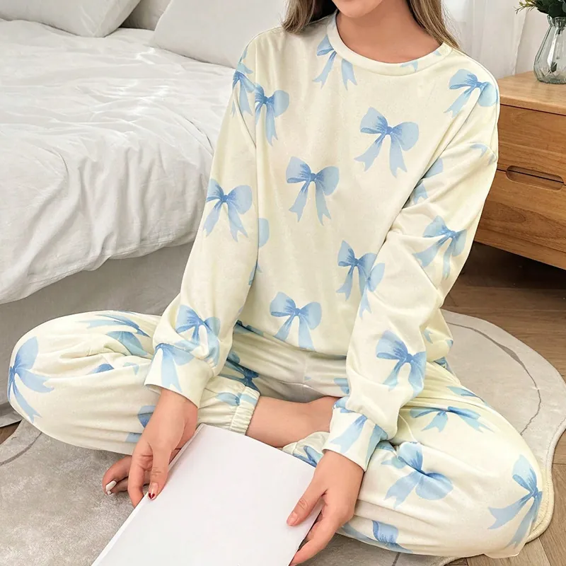 Pyjama Femme Décontracté Imprimé Noeud Haut et Bas Manches Longues Loungewear Doux Vêtements de Nuit Automne Mélange de Coton