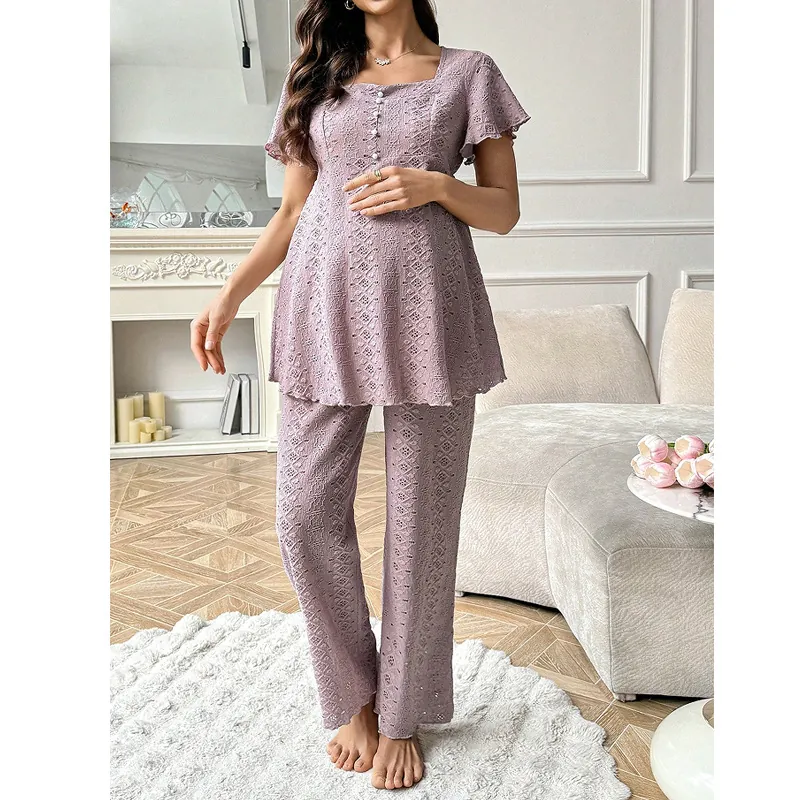 Donna Maternità Homewear Top E Pantaloni Occhiello Scollo Quadrato Manica Corta Largo Casual Pigiama Per Donne Incinte