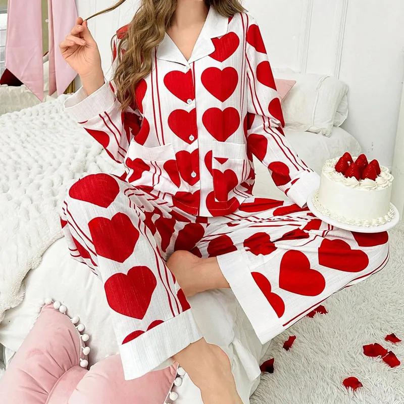 Damen Süßes Herz Druck Schlafanzug Oberteil Und Hose Langarm Europäischer Stil Komfortable Nachtwäsche Hausanzug Für Valentinstag
