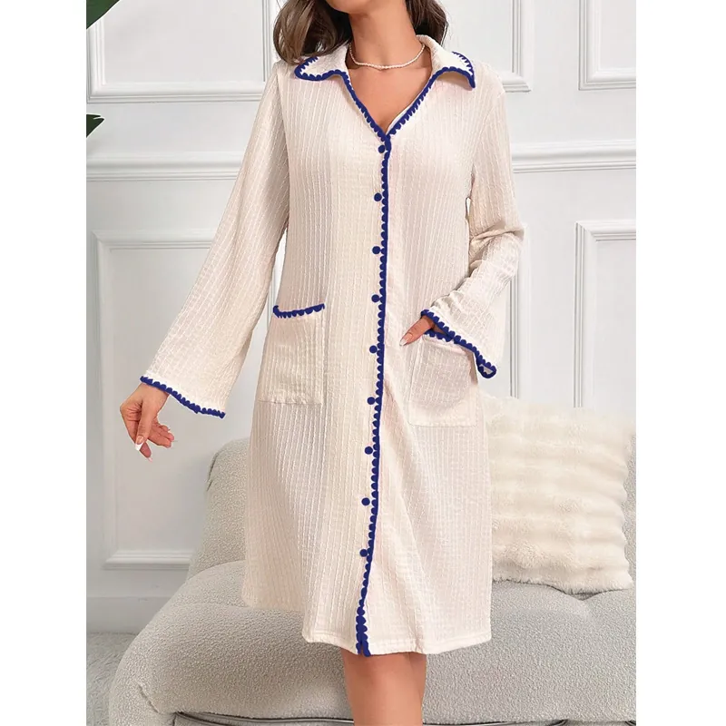 Vestaglia da Donna a Cardigan in Maglia a Nido d'Ape Manica Lunga con Bordo Festonato Camicia da Notte Comoda con Tasche
