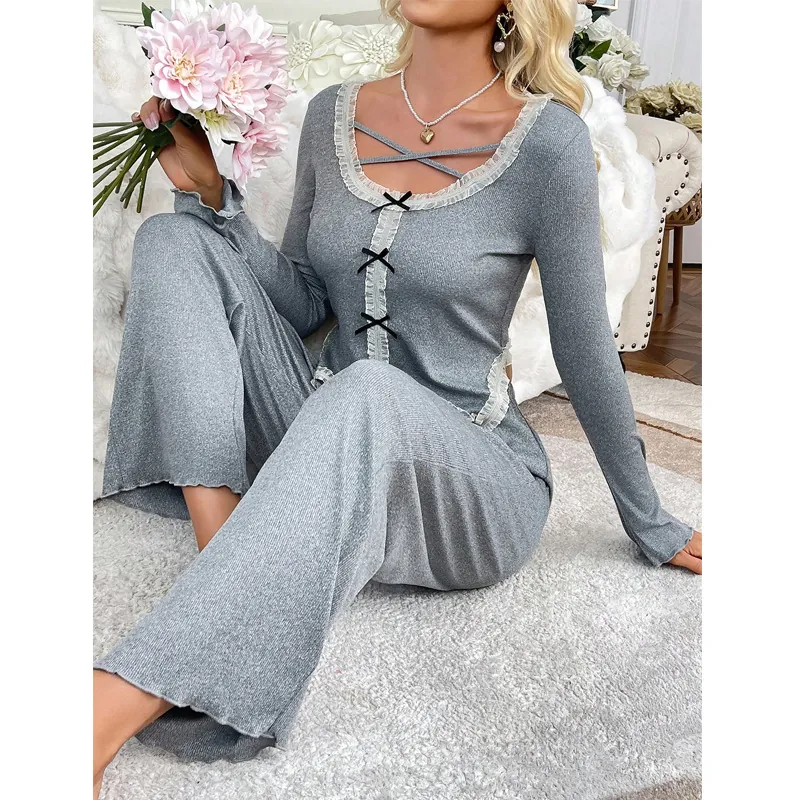 Women's Sweet Lace Ribbed Pajama Set Gray Long Sleeve V Neck Top And Wide Leg Pants Loungewear With Bow Accents For Home