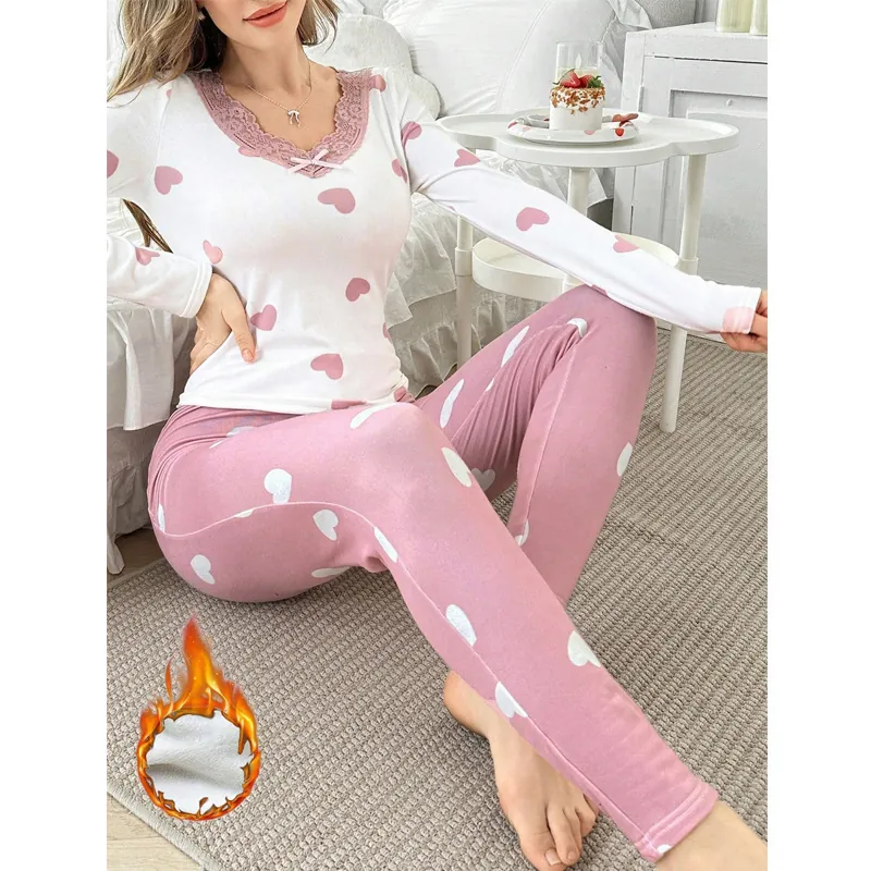 Women V Neck Lace Trim Pajamas Long Sleeve Top And Bottom Heart Print Fleece Lined Thermal Underwear Home Service Sleepwear