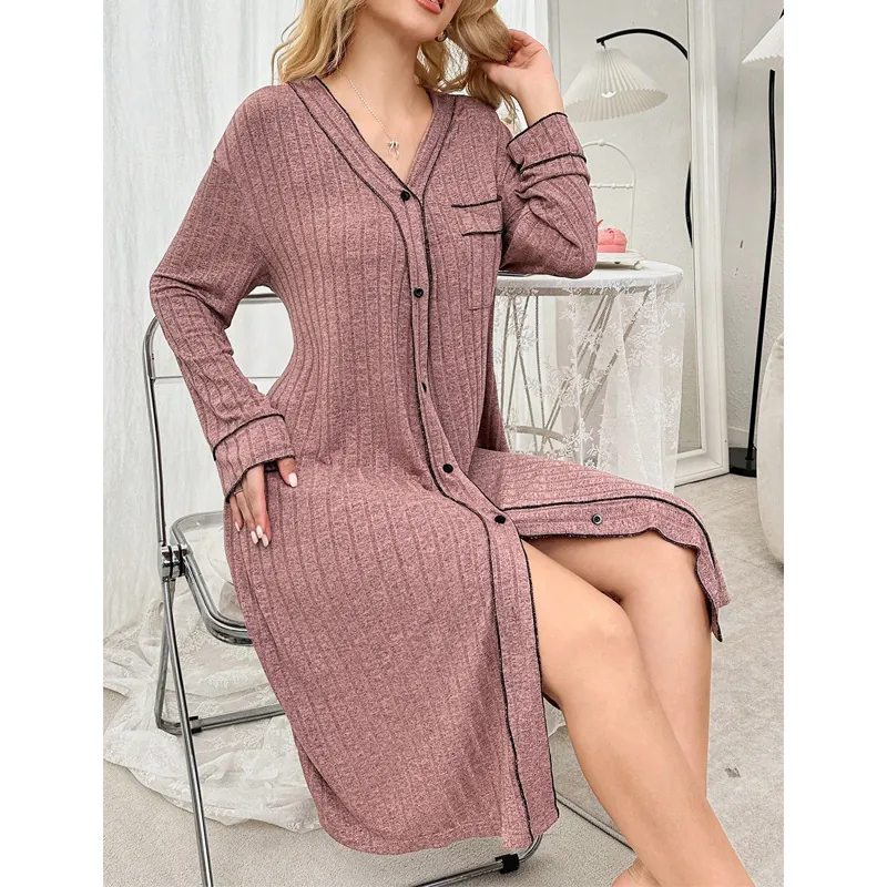 Women V Neck Long Sleeve Ribbed Knit Nightgown Button Down Midi Sleepwear Casual Contrast Trim Home Dress With Pocket