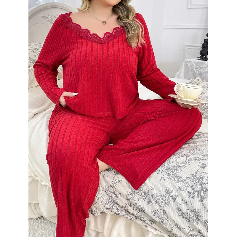 Women Plus Size Ribbed Loungewear Top And Bottom Lace Trim V-Neck Long Sleeve Pajamas Red Western Casual Sleepwear