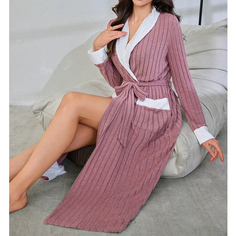 Women Sweet Contrast Color Ribbed Knit Bathrobe Long Sleeve Lapel Tie Waist Loungewear Pocket Soft Warm Home Robe Sleepwear